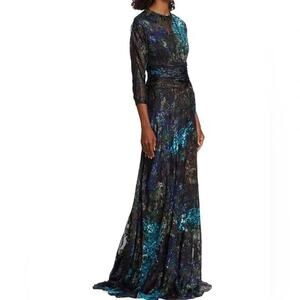 Teri Jon by Rickie Freeman Womens Blue Black Floral Chiffon Velvet Ball Gown 8